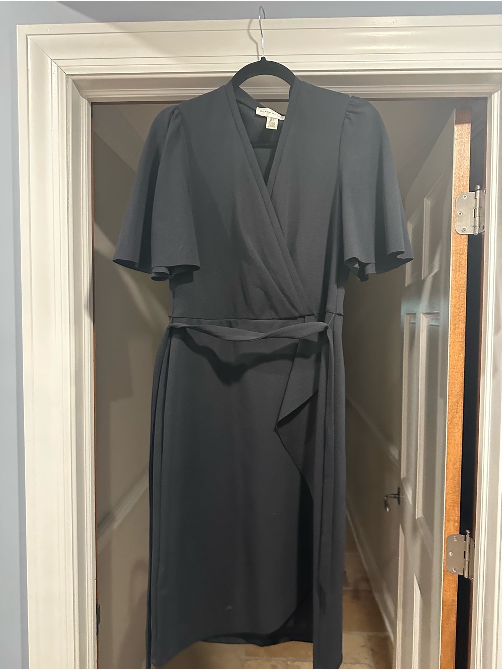 Donna Morgan Black Wrap Dress with Flutter Sleeves